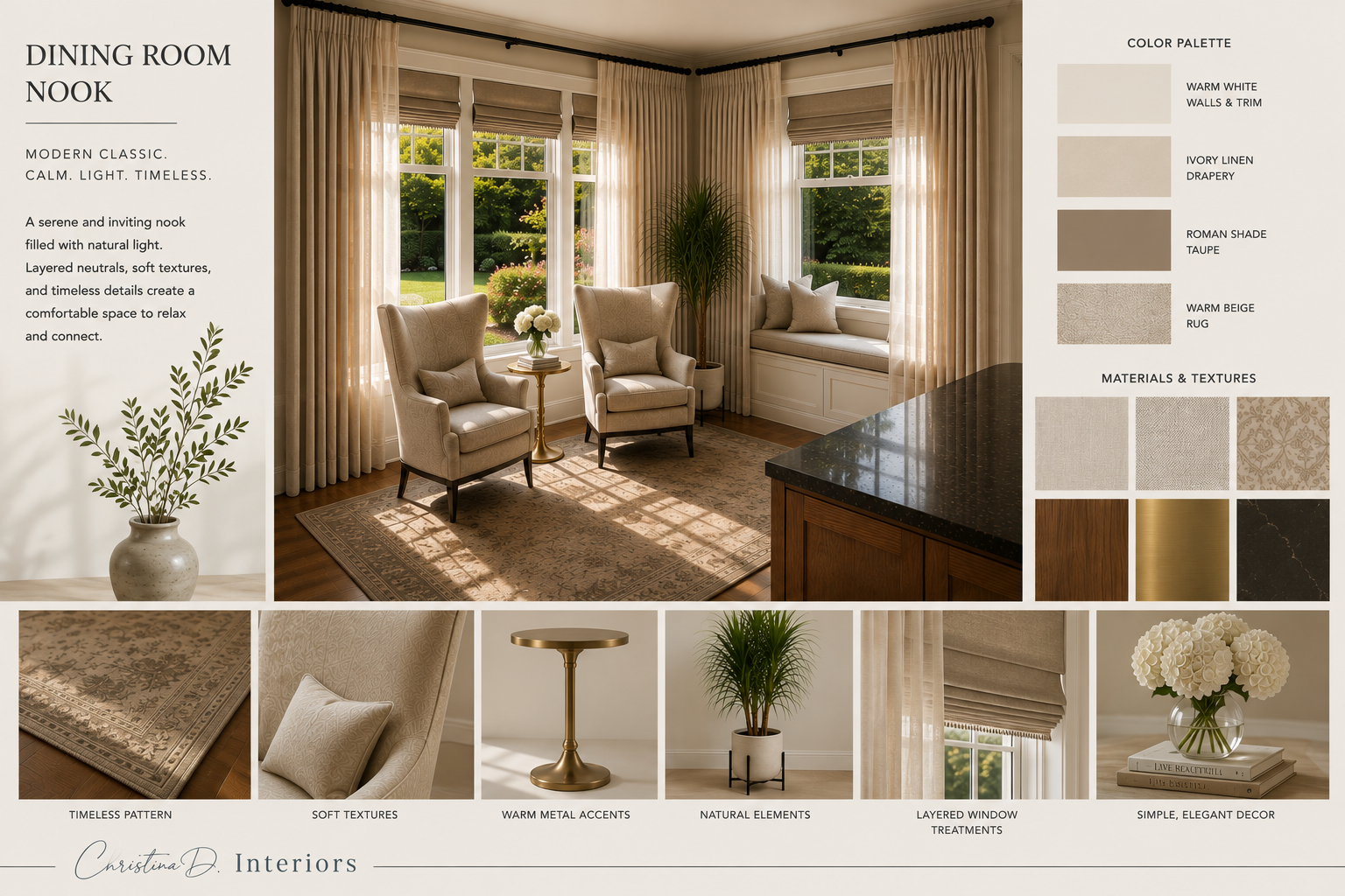 Dining room nook concept board with palette, furnishings, and material selections