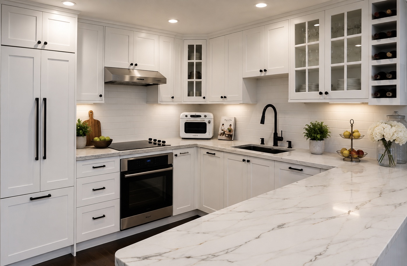 Completed white kitchen with custom cabinetry and marble-look counters