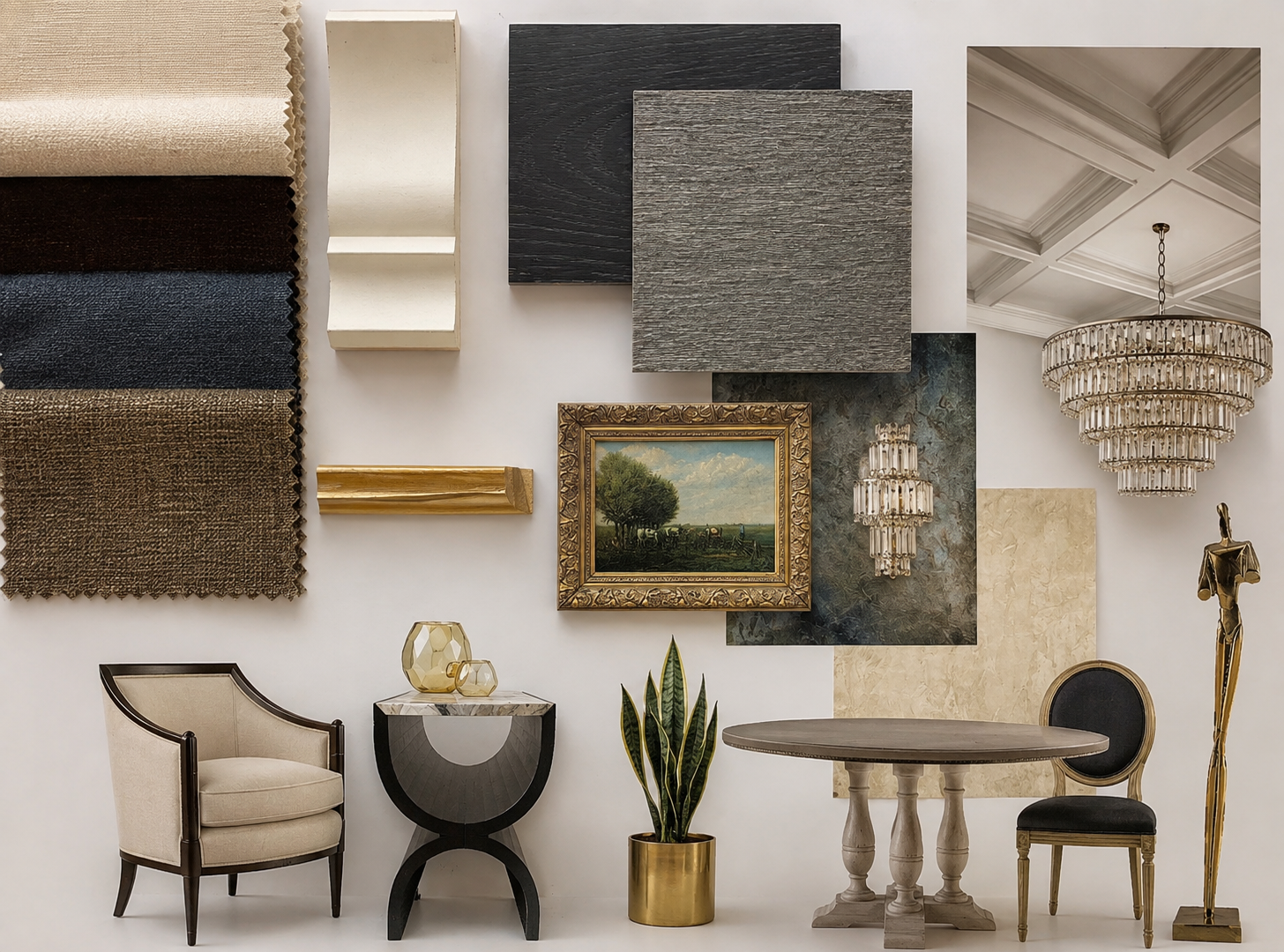 Interior design mood board with furniture, fabrics, finishes, lighting, and artwork